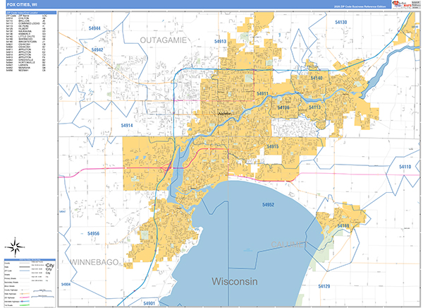 Fox Cities City Wall Map Basic Style